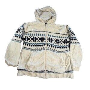 ANS Ski Jacket Mens Large White Fair Isle Hooded Full Zip Fleece Lined Winter